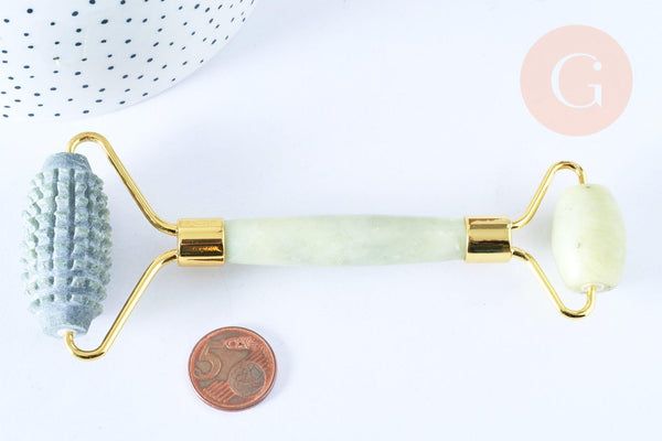 Rouleau de massage jade naturelle support or doré 14,3mm,outil auto-massage, x1 G7238