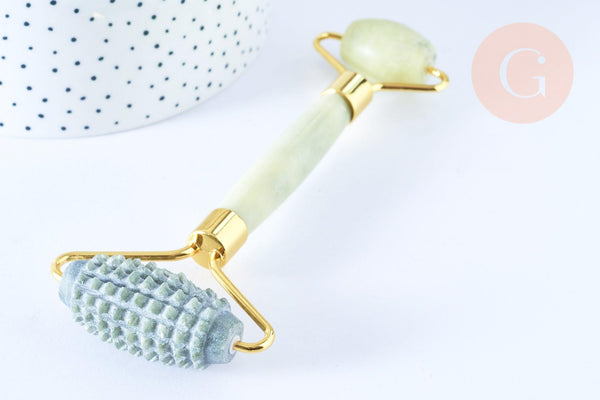 Rouleau de massage jade naturelle support or doré 14,3mm,outil auto-massage, x1 G7238