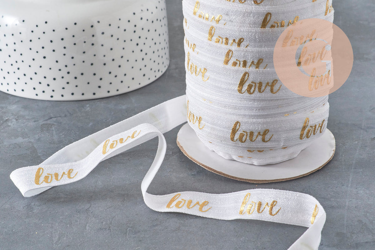 Cinta elástica de oro blanco LOVE EFJF, pulsera EVJF, cinta de boda, scrapbooking, 16 mm, x1 o x5 o x10 metros (G4001)