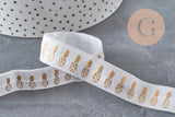 Ruban élastique blanc de 16mm avec motifs d'ananas dorés pour créations DIY et bijoux fantaisie.