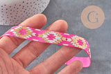 Ruban élastique rose de 16mm avec motif aztèque géométrique doré pour bijoux DIY et accessoires bohèmes.