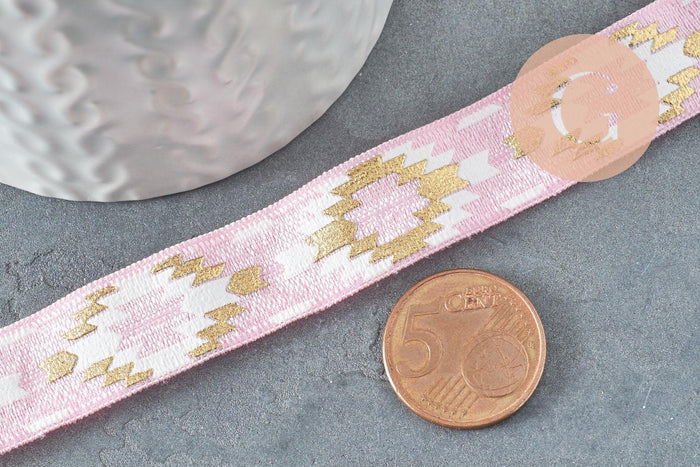 Ruban élastique motif Aztèque rose or EFJF 16mm, x1 m (G8237)
