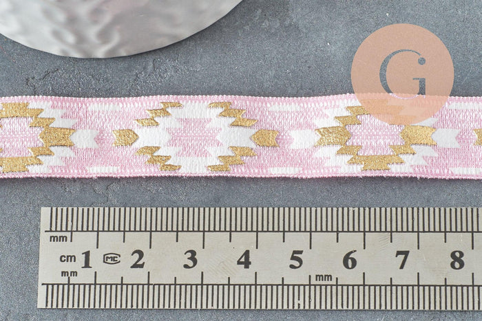 Ruban élastique motif Aztèque rose or EFJF 16mm, x1 m (G8237)
