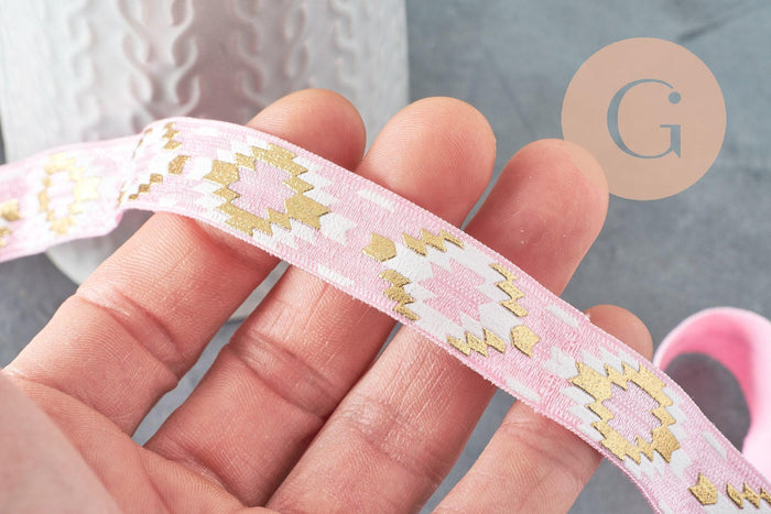 Ruban élastique motif Aztèque rose or EFJF 16mm, x1 m (G8237)