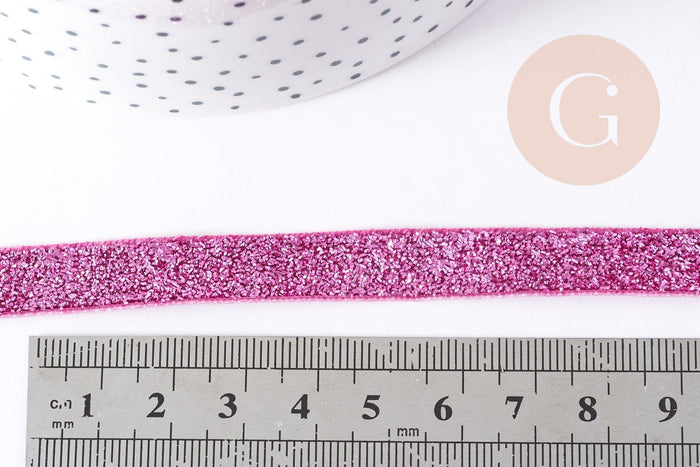 Ruban plat à paillettes polyester nylon rose 9.5-10mm, fabrication bijoux ruban rose, X 1Mètre G8906