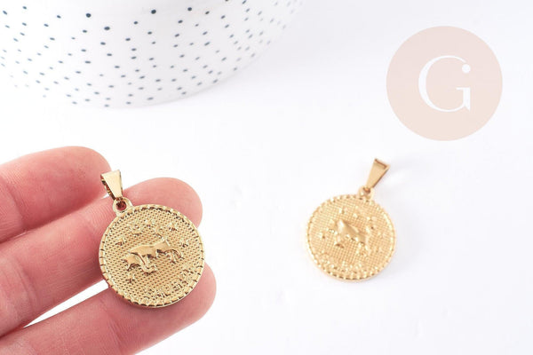 Pendentif médaille ronde Taureau acier dor é29mm, x1 (G0106)