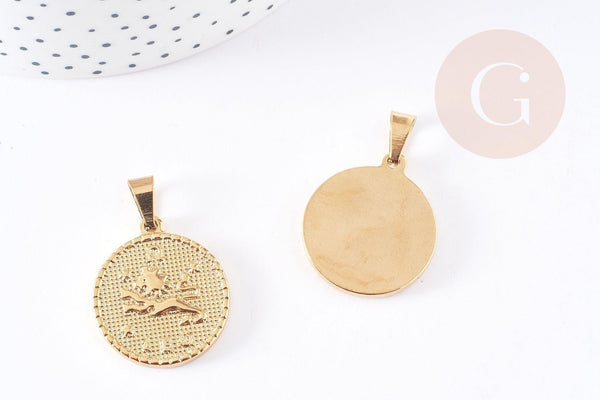 Pendentif médaille ronde Lion acier 304 inoxydable doré à graver 29mm, x1 (G0521)
