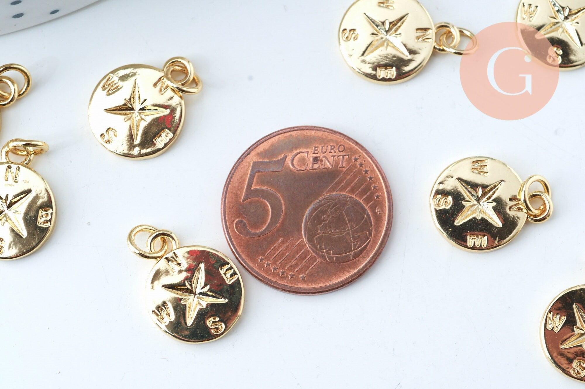 pendentif boussole laiton doré 20k 15.2mm, x1 (G5996)