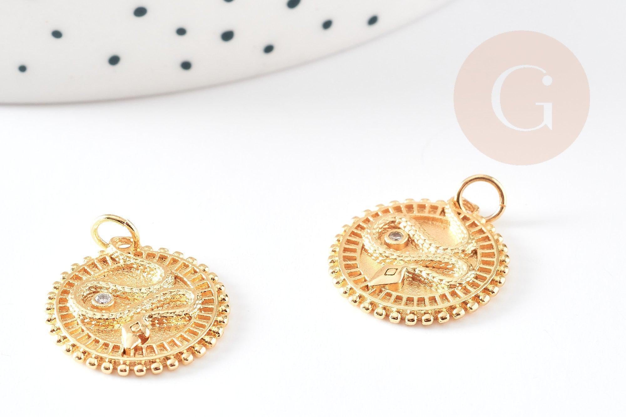 Pendentif médaille serpent laiton doré 18k cristal 18.5mm, pendentif animal zircon, x1 (G4279)