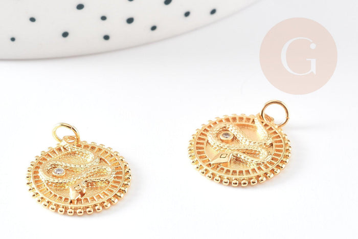 Pendentif médaille serpent laiton doré 18k cristal 18.5mm, pendentif animal zircon, x1 (G4279)