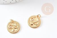 Pendentif médaille serpent laiton doré 18k cristal 18.5mm, pendentif animal zircon, x1 (G4279)