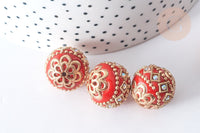 perle indonesienne polymère rouge strass et zamac doré 19.5mm,création bijou ethnique exotique, x1 G7799