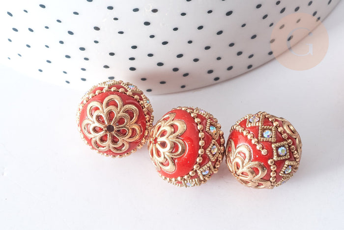 perle indonesienne polymère rouge strass et zamac doré 19.5mm,création bijou ethnique exotique, x1 G7799