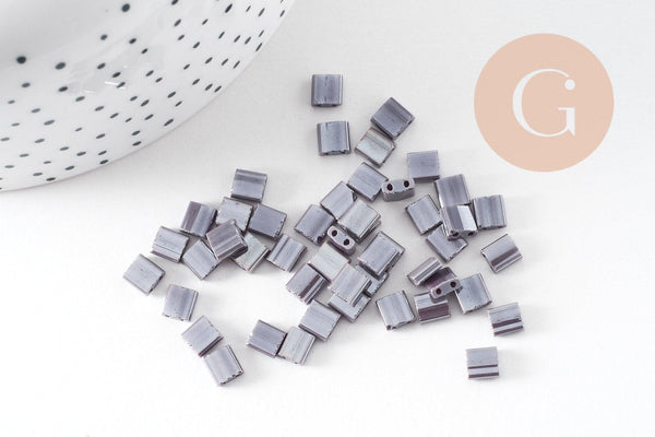 perles rocaille carré verre rectangle violet irisé opaque, perle carré création bracelet, perle tila,4.5mm,2 trous, x50 (4.8GR)(G6311)